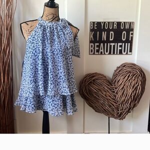 CeCe Floral Halter Top XL Blue White Tie Neck Sleeveless Ruffle Hem